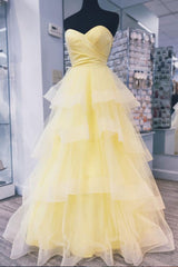 Prom Dress Brands, Yellow Sweetheart Tulle Long Prom Dress With Layered Graduation Gown