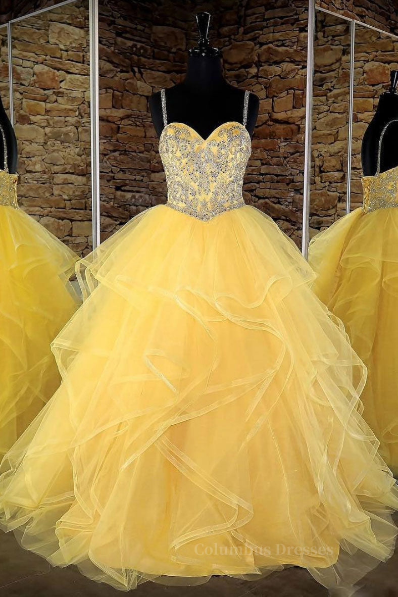Strapless Dress, Yellow sweetheart tulle sequin long prom dress, yellow evening dress
