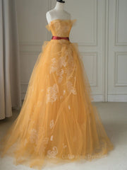 Party Dress For Teenage Girl, Yellow tulle lace long prom dress, yellow tulle formal dress