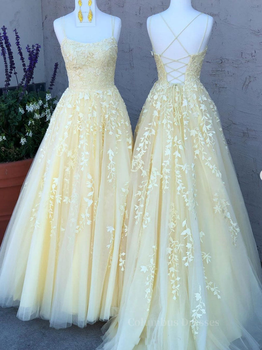 Prom Dresses Gowns, Yellow tulle lace long prom dress, yellow tulle lace formal dress