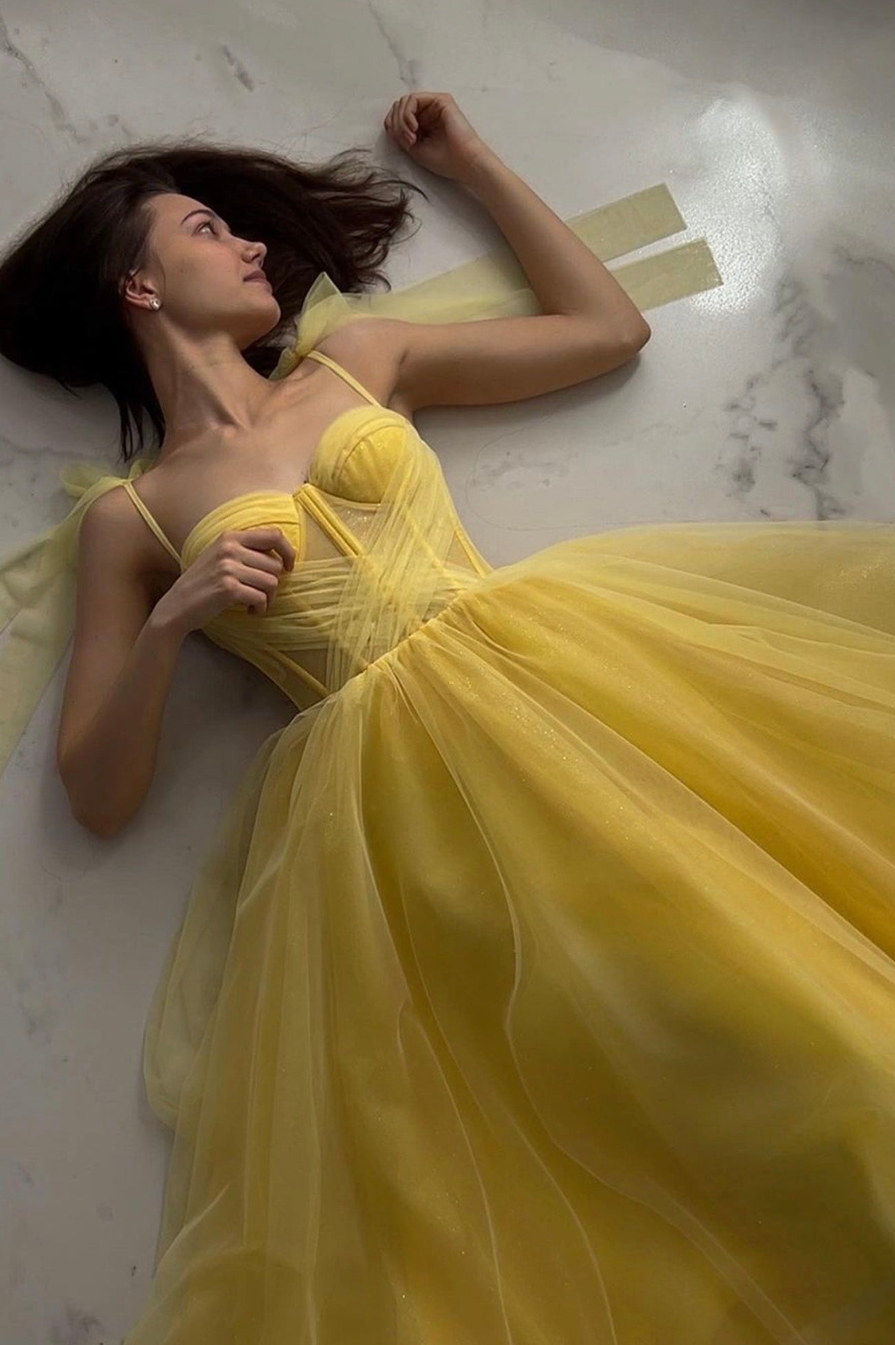 Prom Dress Dresses, Yellow Tulle Long A-Line Evening Dress, Cute Spaghetti Strap Prom Dress