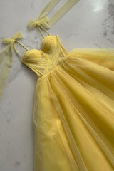 Prom Dresses Dresses, Yellow Tulle Long A-Line Evening Dress, Cute Spaghetti Strap Prom Dress