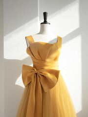 Plu Size Prom Dress, Yellow Tulle Long Party Dress with Bow, Yellow Prom Dress Evening Gown