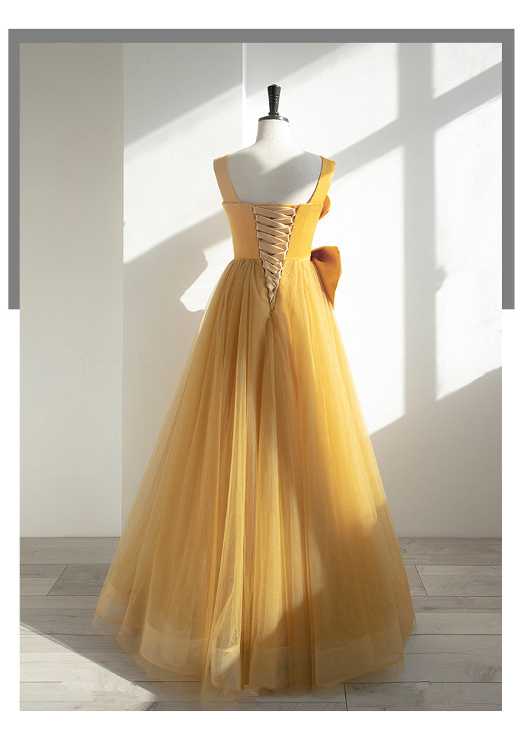 Sparklie Prom Dress, Yellow Tulle Long Party Dress with Bow, Yellow Prom Dress Evening Gown