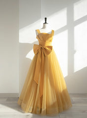Dance Dress, Yellow Tulle Long Party Dress with Bow, Yellow Prom Dress Evening Gown