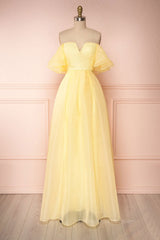 Prom Dress Under 85, Yellow tulle off shoulder long prom dress yellow formal dress