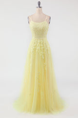 Yellow Tulle Prom Dress with Appliques