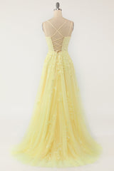 Yellow Tulle Prom Dress with Appliques