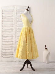 Spring Wedding, Yellow V Neck 3D Lace Tea Long Prom Dress, Yellow Evening Dress