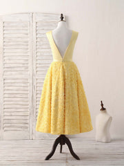 Beach Wedding Dress, Yellow V Neck 3D Lace Tea Long Prom Dress, Yellow Evening Dress