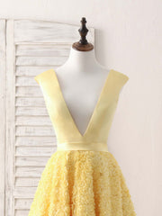 Champagne Bridesmaid Dress, Yellow V Neck 3D Lace Tea Long Prom Dress, Yellow Evening Dress