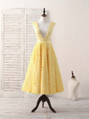 Wedding Inspo, Yellow V Neck 3D Lace Tea Long Prom Dress, Yellow Evening Dress
