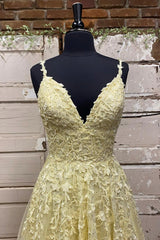 Evening Dresses Dresses, Yellow V-Neck Lace Long Prom Dress, A-Line Spaghetti Straps Evening Dress