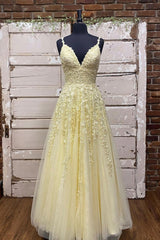 Evening Dress Styles, Yellow V-Neck Lace Long Prom Dress, A-Line Spaghetti Straps Evening Dress