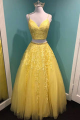 Fantasy Dress, Yellow V-Neck Lace Long Prom Dress, Two Pieces Evening Graduation Dress
