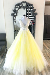 Evening Dress Yellow, Yellow v neck tulle lace long prom dress yellow formal dress
