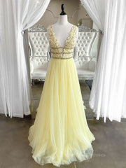 Party Dresses Designer, Yellow v neck tulle lace long prom dress, yellow tulle lace evening dress