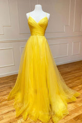 Bridesmaid Dresses Uk, Yellow v neck tulle long prom dress yellow formal dress