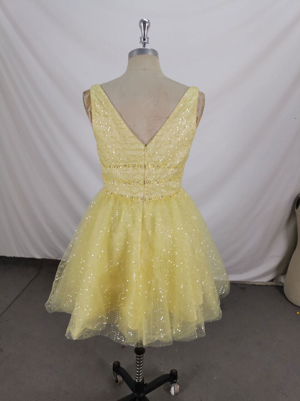 Dress Short, Yellow V Neck Tulle Sequin Short Prom Dress, Yellow Tulle Homecoming Dress