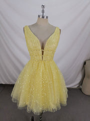 Maxi Dress Outfit, Yellow V Neck Tulle Sequin Short Prom Dress, Yellow Tulle Homecoming Dress