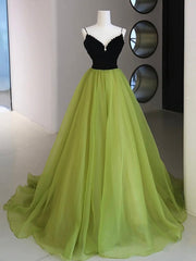 Homecoming Dress Sparkles, Black Velvet and Green Tulle Long Prom Dress, Green V-Neck Evening Dress