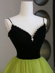 Homecoming Dress Sparkle, Black Velvet and Green Tulle Long Prom Dress, Green V-Neck Evening Dress