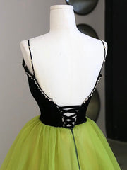 Homecoming Dresses Sparkles, Black Velvet and Green Tulle Long Prom Dress, Green V-Neck Evening Dress