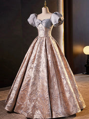 Formal Dress Ballgown, Stylish Floor-Length Printing Prom Dresses, A-Line Short Sleeve Backless Evening Formal Dresses