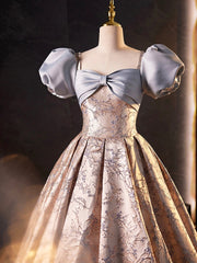 Formal Dress Australia, Stylish Floor-Length Printing Prom Dresses, A-Line Short Sleeve Backless Evening Formal Dresses