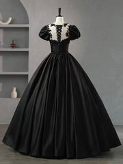 Prom Dresses V Neck, Black Scoop Neckline Satin Lace Long Prom Dress, A-Line Short Sleeve Party Dress