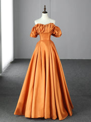 Prom Dresses Gowns, Orange Floor Length Satin Long Prom Dress, Off the Shoulder Evening Party Dress