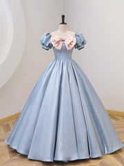 Evening Dresses Midi, Blue Satin Floor Length Prom Dress with Bow, Blue A-Line Evening Formal Dress