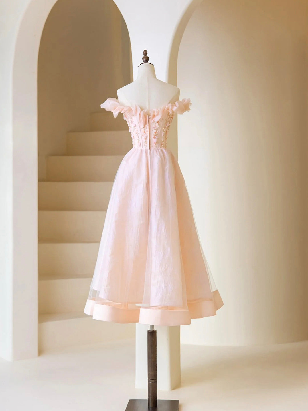 Homecoming Dresses For Kids, Pink Tulle Beaded Tea Length Prom Dress, Pink A-Line Off Shoulder Party Dress