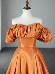 Prom Dress Gowns, Orange Floor Length Satin Long Prom Dress, Off the Shoulder Evening Party Dress