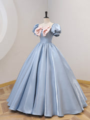 Evening Dresses Long Sleeve, Blue Satin Floor Length Prom Dress with Bow, Blue A-Line Evening Formal Dress