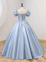 Evening Dress Long Sleeve, Blue Satin Floor Length Prom Dress with Bow, Blue A-Line Evening Formal Dress