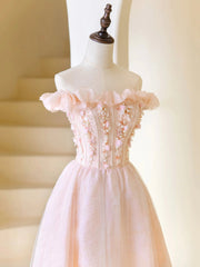 Festival Outfit, Pink Tulle Beaded Tea Length Prom Dress, Pink A-Line Off Shoulder Party Dress