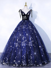 Prom Dresses Sites, Navy Blue Tulle Long Prom Dress, Spaghetti Straps Lace Flower Backless Evening Dress