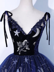 Prom Dress Sites, Navy Blue Tulle Long Prom Dress, Spaghetti Straps Lace Flower Backless Evening Dress