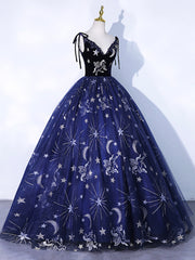 Prom Dress Affordable, Navy Blue Tulle Long Prom Dress, Spaghetti Straps Lace Flower Backless Evening Dress