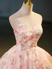 Prom Dresses Designs, Beautiful Strapless Tulle Flower Long Prom Dress, Pink Ball Gown Formal Dress