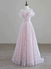Formal Dresses Long Elegant Evening Gowns, Sparkling Tulle Sequin Long Prom Dress, Off the Shoulder Pink Evening Party Dress