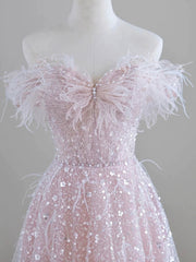 Formal Dresses Corset, Sparkling Tulle Sequin Long Prom Dress, Off the Shoulder Pink Evening Party Dress