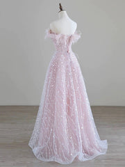 Formal Dresses Off The Shoulder, Sparkling Tulle Sequin Long Prom Dress, Off the Shoulder Pink Evening Party Dress