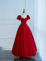 Bridesmaid Dresses Designers, Dark Red Satin Long Prom Dress, A-Line Short Sleeve Evening Party Dress