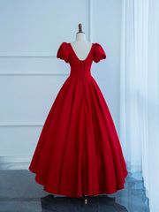 Bridesmaids Dresses Online, Dark Red Satin Long Prom Dress, A-Line Short Sleeve Evening Party Dress