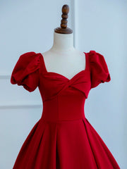 Bridesmaid Dress Design, Dark Red Satin Long Prom Dress, A-Line Short Sleeve Evening Party Dress