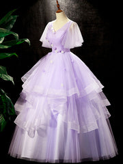 Bridesmaids Dresses Green, Fairy Purple Floral Floor Length Prom Dress, Beautiful V-Neck Party Birthday Dress