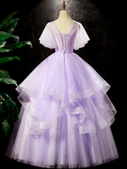 Bridesmaid Dresses 2038, Fairy Purple Floral Floor Length Prom Dress, Beautiful V-Neck Party Birthday Dress