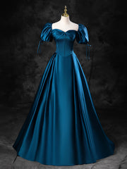 Evening Dresses Elegant Classy, Blue Satin Off the Shoulder Floor Length Prom Dress, Blue A-Line Party Dress